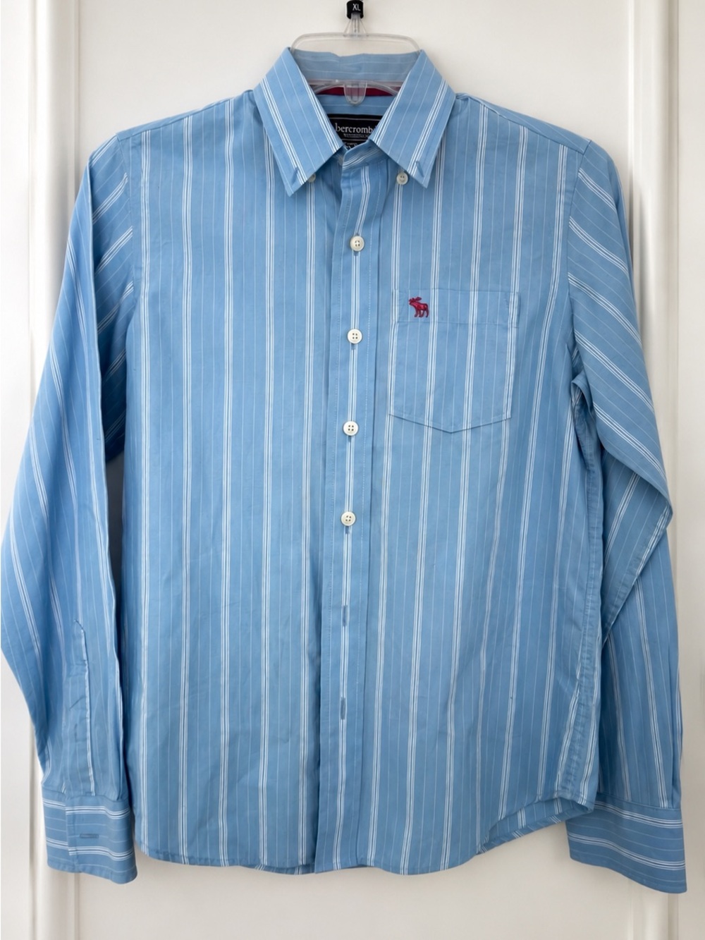Vintage Abercrombie Boys Blue Striped Button Down Shirt Size M Preppy Y2K Moose